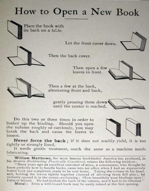 Graphic in the public domain showing and explaining how to open a new book without damaging it