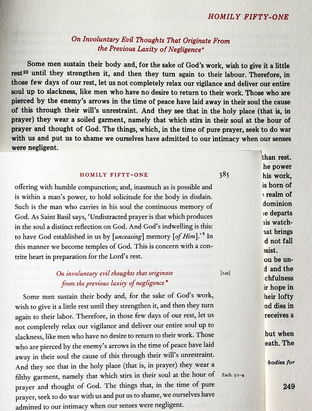 Photo of a page from first edition of the Ascetical Homilies compared with a page from the second edition that shows shorter line length of second edition