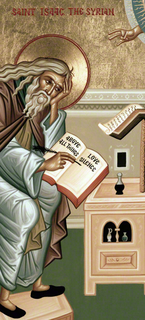 Tall Detail of A-67 St Isaac Icon with him writing Above all things love silence