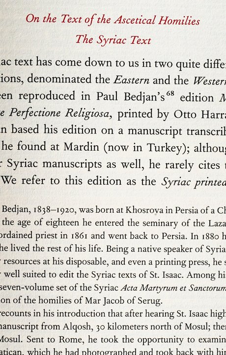 Picture of a page from the Introduction to the Ascetical Homilies showing the subheading "On the text of the Ascetical Homilies / The Syriac Text"