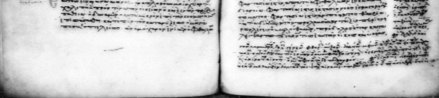 Two pages from Mar Sabbas Greek manuscript 407 showing many scribal notes in the margins with special symbols that indicate where the notes are to be inserted in the text