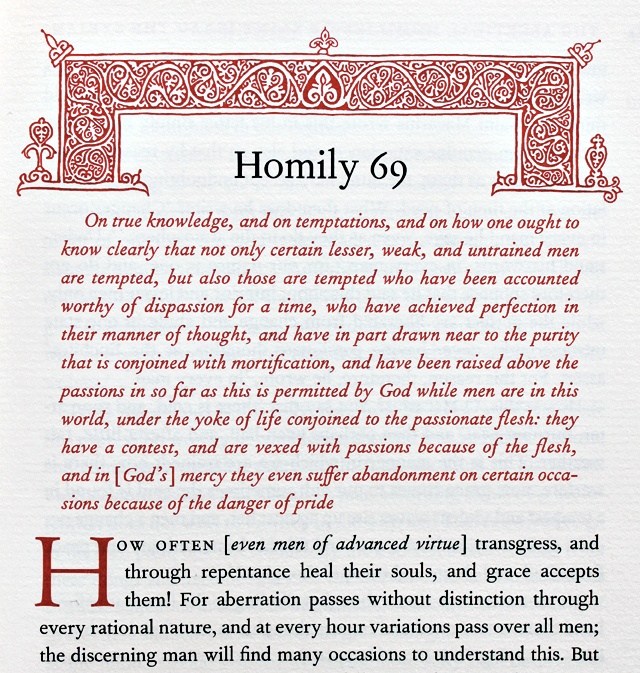 Photo of the very long title of Homily 69 in the second edition of The Ascetical Homilies of Saint Isaac the Syrian, and the first line of the homily