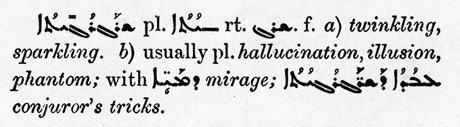 Entry from Payne Smith's Compendious Syriac Dictionary showing the usual definition of the word described in the text on this page, and that its normal meaning is hallucination, illusion
