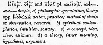 Entry from Payne Smith's Compendious Syriac Dictionary showing the Greek word "Theoria" in Syriac